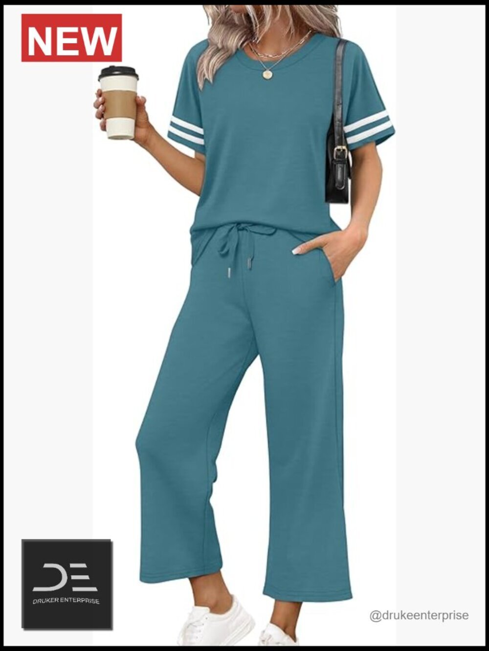 Two Piece Lounge Set Short Sleeve Top Wide Leg Pants Vacation Travel Outfits